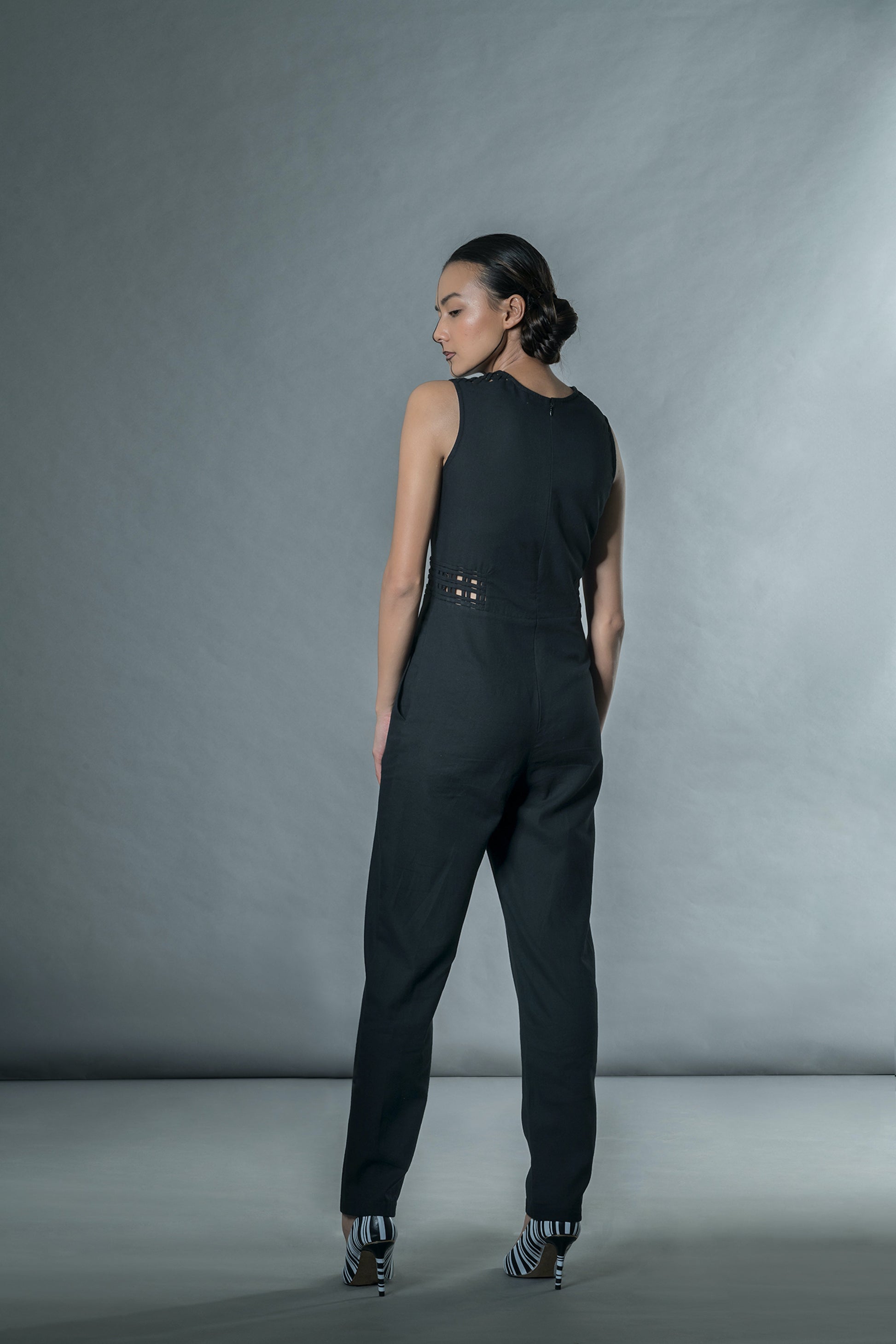 Jumpsuit with matting at Kamakhyaa by Anushé Pirani. This item is Black, Handwoven Cotton, July Sale, July Sale 2023, Jumpsuits, Natural, Office Wear, Regular Fit, sale anushe pirani, Solids, The Line Tales, Womenswear