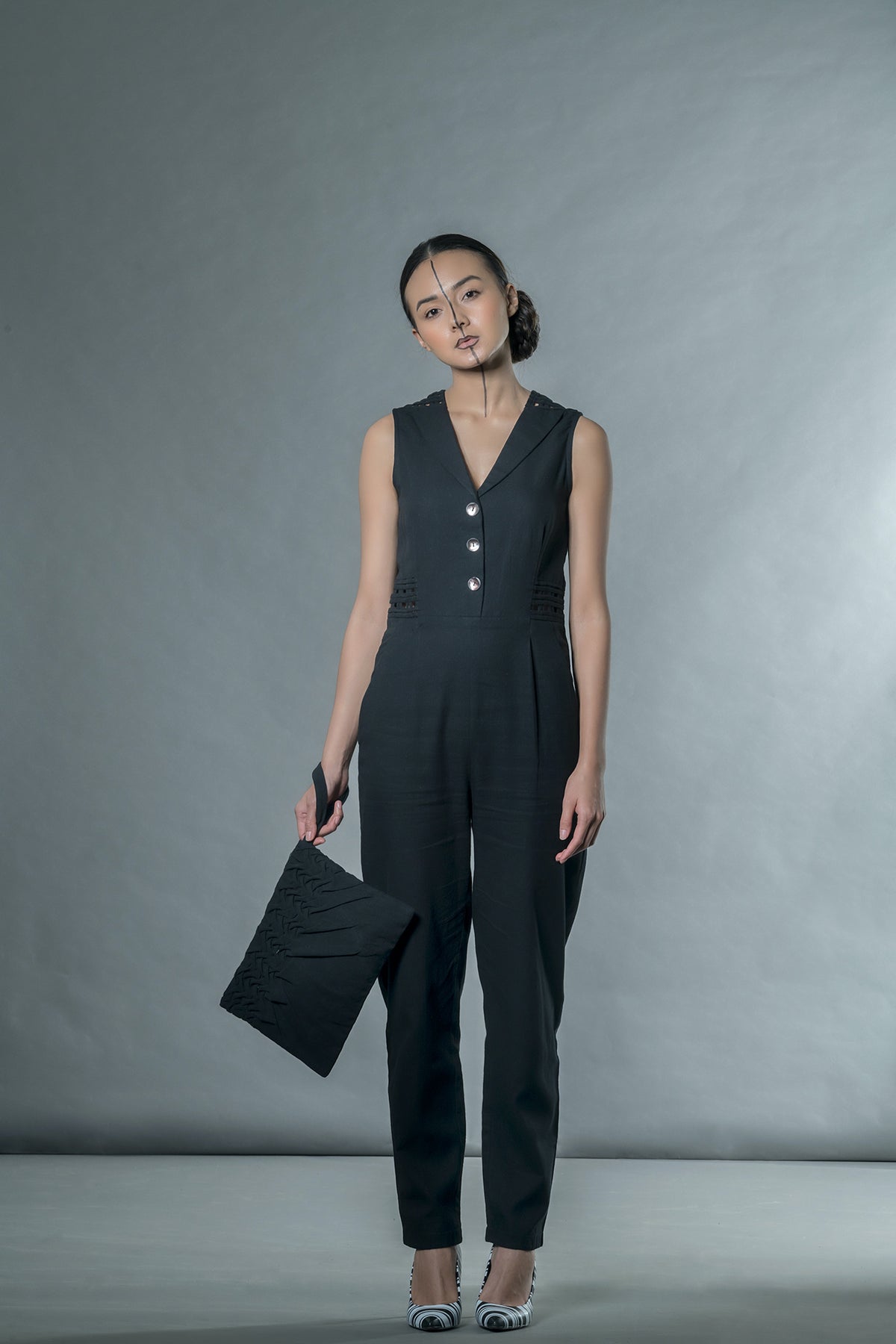 Jumpsuit with matting at Kamakhyaa by Anushé Pirani. This item is Black, Handwoven Cotton, July Sale, July Sale 2023, Jumpsuits, Natural, Office Wear, Regular Fit, sale anushe pirani, Solids, The Line Tales, Womenswear