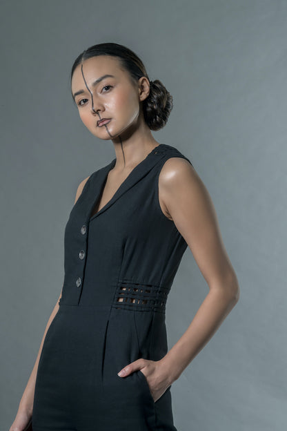 Jumpsuit with matting at Kamakhyaa by Anushé Pirani. This item is Black, Handwoven Cotton, July Sale, July Sale 2023, Jumpsuits, Natural, Office Wear, Regular Fit, sale anushe pirani, Solids, The Line Tales, Womenswear