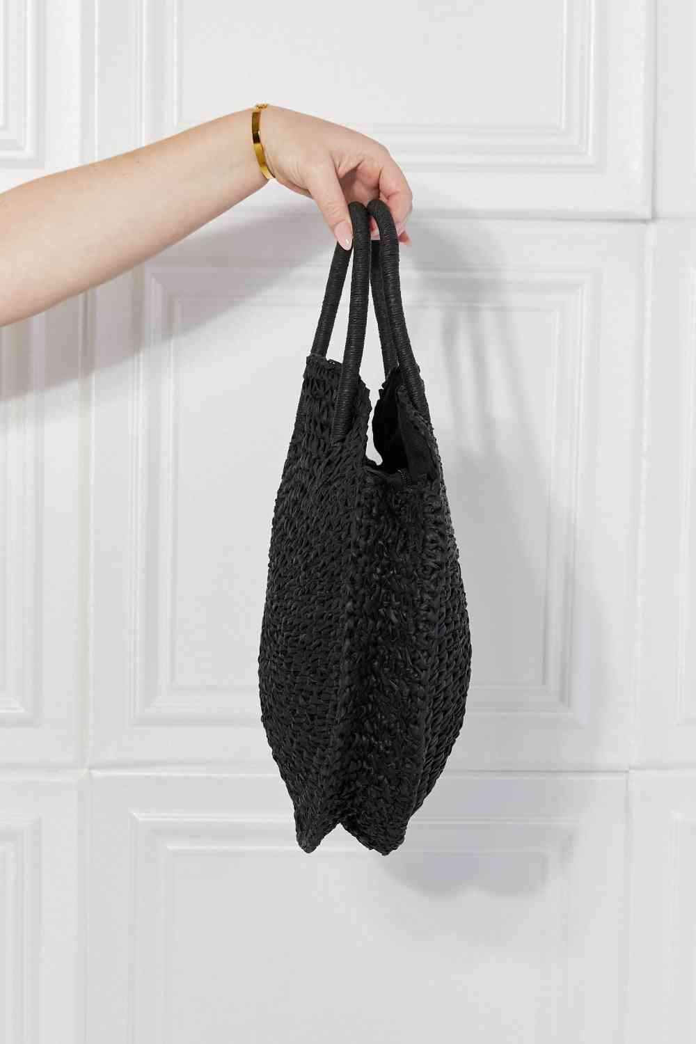 Justin Taylor Beach Date Straw Rattan Handbag in Black at Kamakhyaa by Trendsi. This item is Bags, Justin Taylor, Ship from USA, Trendsi