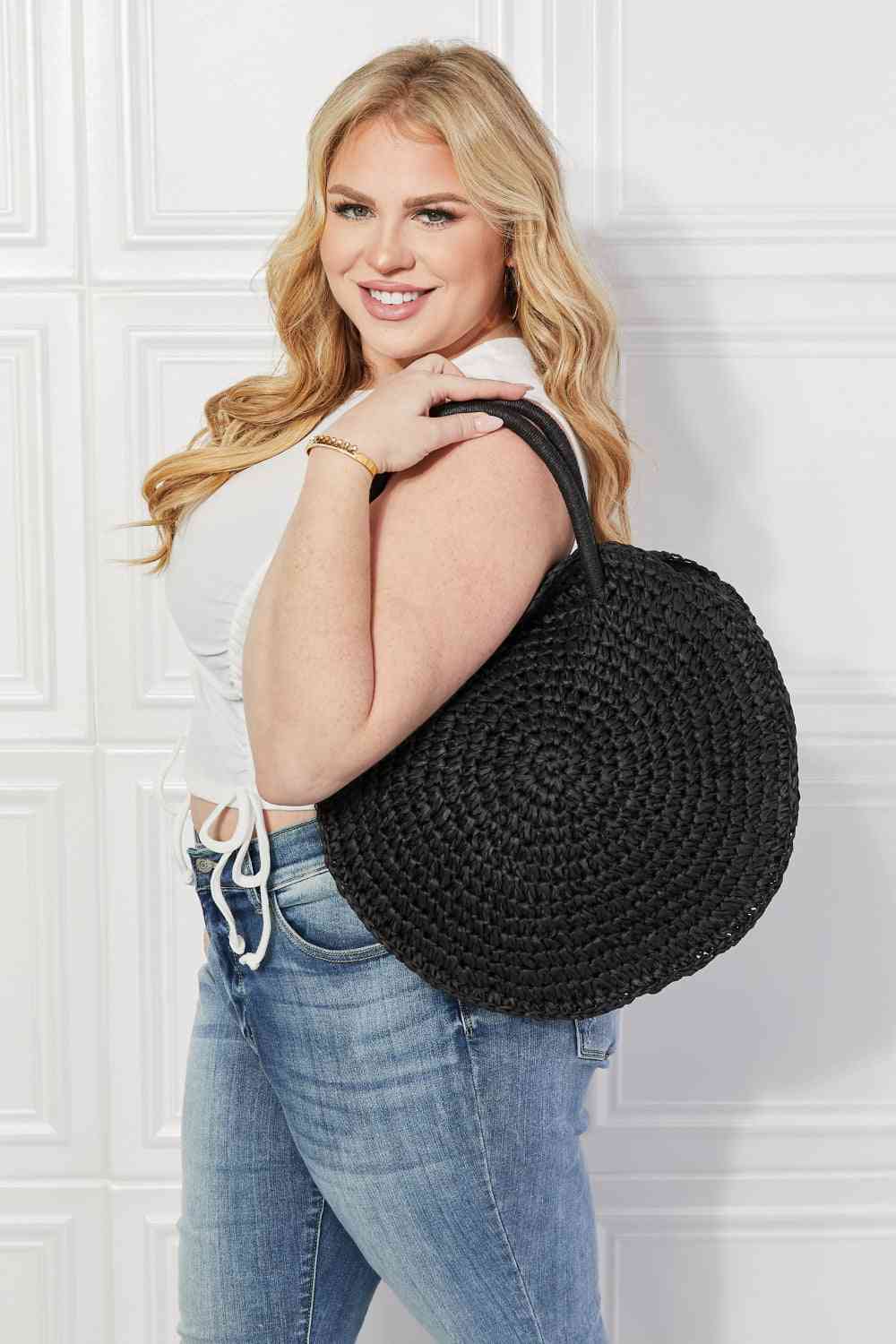 Justin Taylor Beach Date Straw Rattan Handbag in Black at Kamakhyaa by Trendsi. This item is Bags, Justin Taylor, Ship from USA, Trendsi