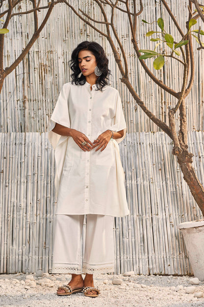 Kaftan Co-ord Set - Set of 2 at Kamakhyaa by Charkhee. This item is Co-ord Sets, Cotton, Cotton Satin, Dobby Cotton, Festive Wear, For Mother, Lounge Wear Co-ords, Natural, Off-white, Regular Fit, Shores 23, Textured, Womenswear