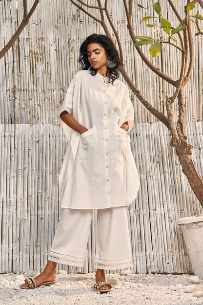 Kaftan Co-ord Set - Set of 2 at Kamakhyaa by Charkhee. This item is Co-ord Sets, Cotton, Cotton Satin, Dobby Cotton, Festive Wear, For Mother, Lounge Wear Co-ords, Natural, Off-white, Regular Fit, Shores 23, Textured, Womenswear