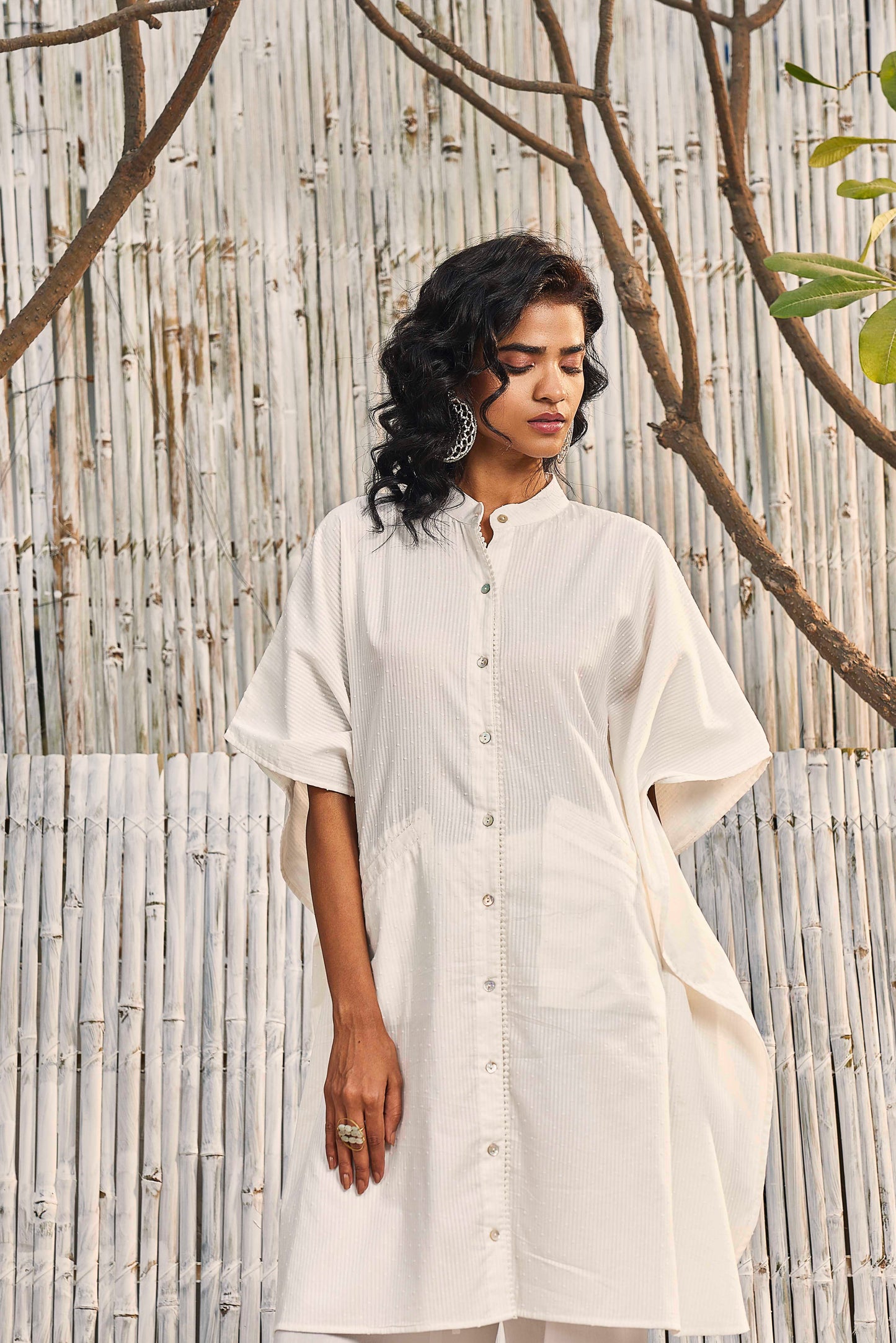 Kaftan Co-ord Set - Set of 2 at Kamakhyaa by Charkhee. This item is Co-ord Sets, Cotton, Cotton Satin, Dobby Cotton, Festive Wear, For Mother, Lounge Wear Co-ords, Natural, Off-white, Regular Fit, Shores 23, Textured, Womenswear