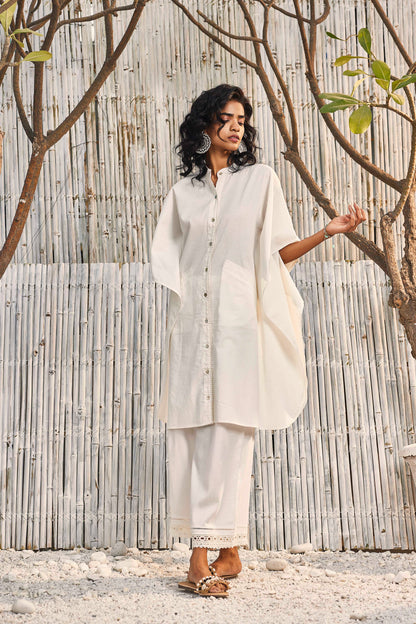 Kaftan Co-ord Set - Set of 2 at Kamakhyaa by Charkhee. This item is Co-ord Sets, Cotton, Cotton Satin, Dobby Cotton, Festive Wear, For Mother, Lounge Wear Co-ords, Natural, Off-white, Regular Fit, Shores 23, Textured, Womenswear