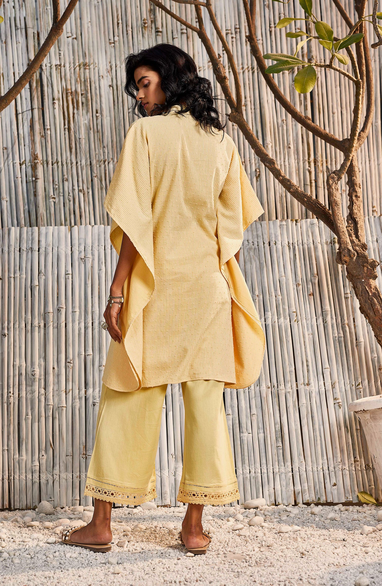 Kaftan Co-ord Set - Set of 2 Yellow at Kamakhyaa by Charkhee. This item is Co-ord Sets, Cotton, Dobby Cotton, Festive Wear, For Mother, Lounge Wear Co-ords, Natural, Regular Fit, Shores 23, Textured, Womenswear, Yellow