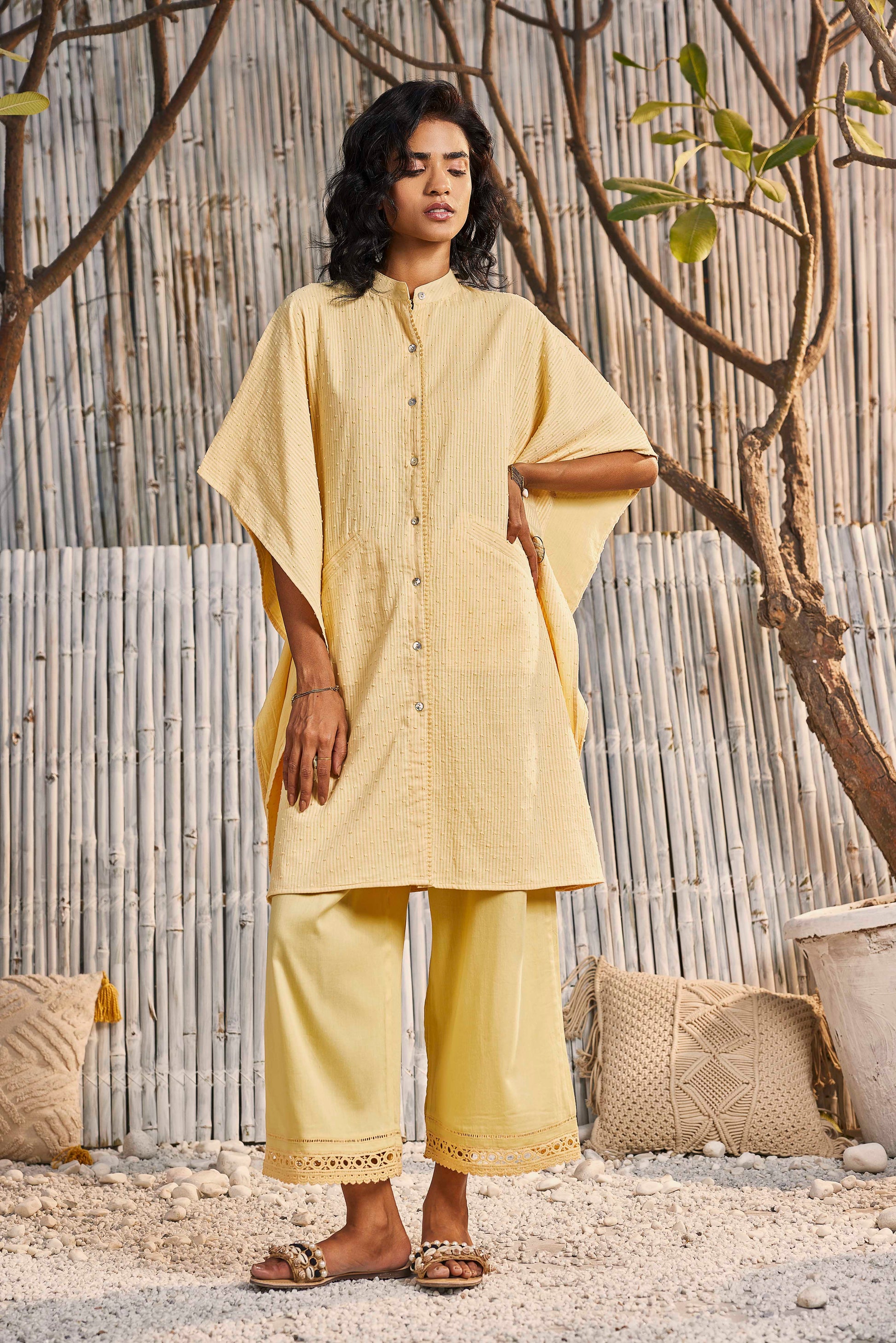 Kaftan Co-ord Set - Set of 2 Yellow at Kamakhyaa by Charkhee. This item is Co-ord Sets, Cotton, Dobby Cotton, Festive Wear, For Mother, Lounge Wear Co-ords, Natural, Regular Fit, Shores 23, Textured, Womenswear, Yellow