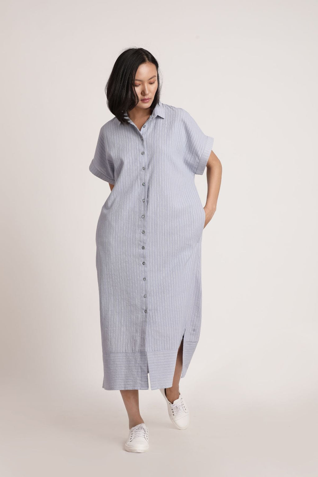 Kaftan Long Shirt at Kamakhyaa by Itya. This item is Blue, Casual Wear, Hand Spun Cotton, Handwoven cotton, Midi Dresses, Natural, Pastel Perfect, Pastel Perfect by Itya, Plant Dye, Purple, Relaxed Fit, Shirt Dresses, Shirts, SS22, Textured, Womenswear, Yellow