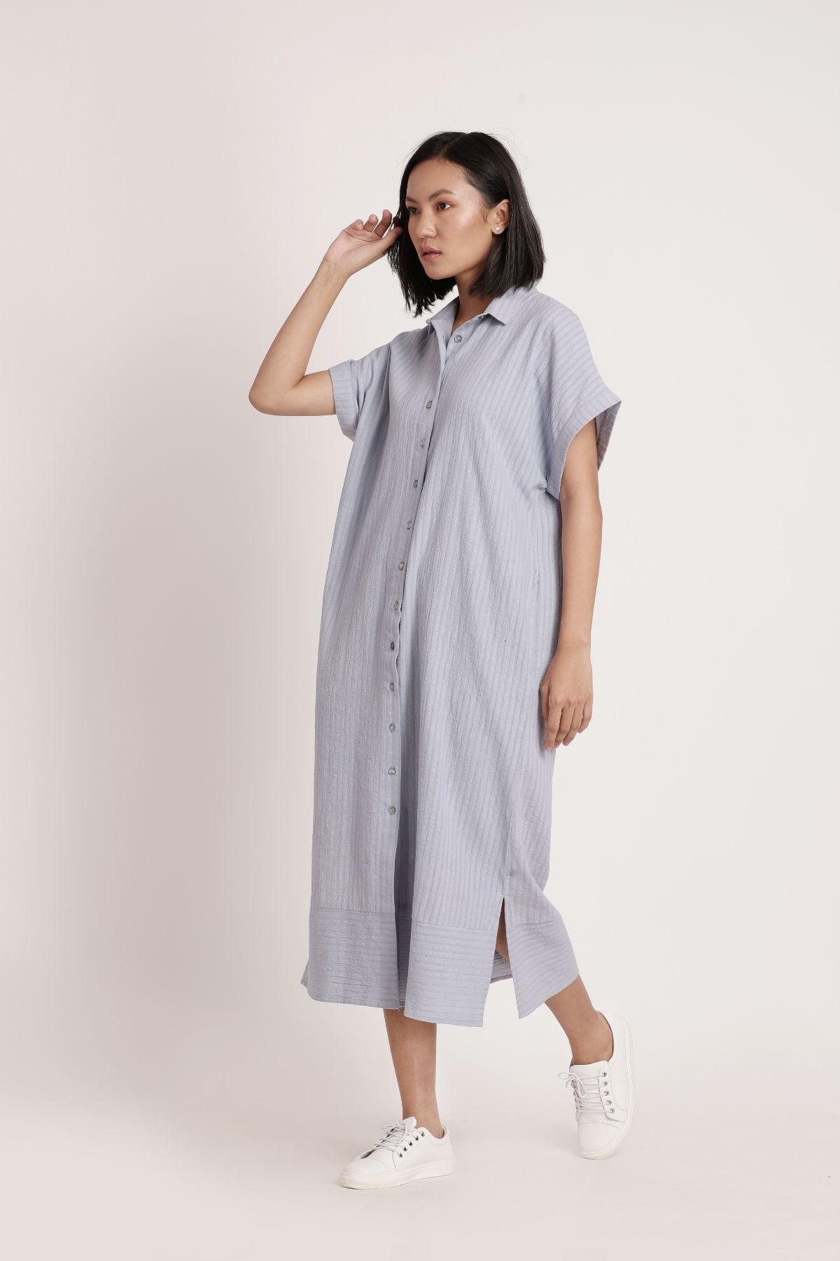 Kaftan Long Shirt at Kamakhyaa by Itya. This item is Blue, Casual Wear, Hand Spun Cotton, Handwoven cotton, Midi Dresses, Natural, Pastel Perfect, Pastel Perfect by Itya, Plant Dye, Purple, Relaxed Fit, Shirt Dresses, Shirts, SS22, Textured, Womenswear, Yellow