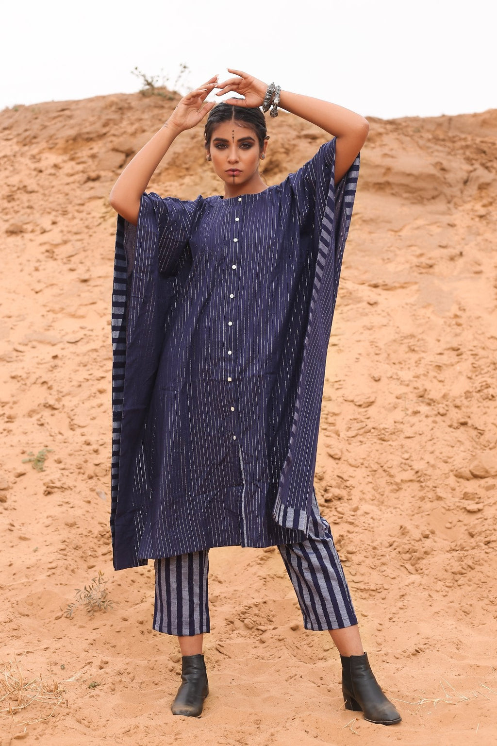 Kaftan With Deep Blue Striped Pants - Set Of Two at Kamakhyaa by Keva. This item is Blue, Co-ord Sets, Cotton, Cotton Lurex, Desert Rose, Natural, Relaxed Fit, Resort Wear, Stripes, Travel, Travel Co-ords, Womenswear