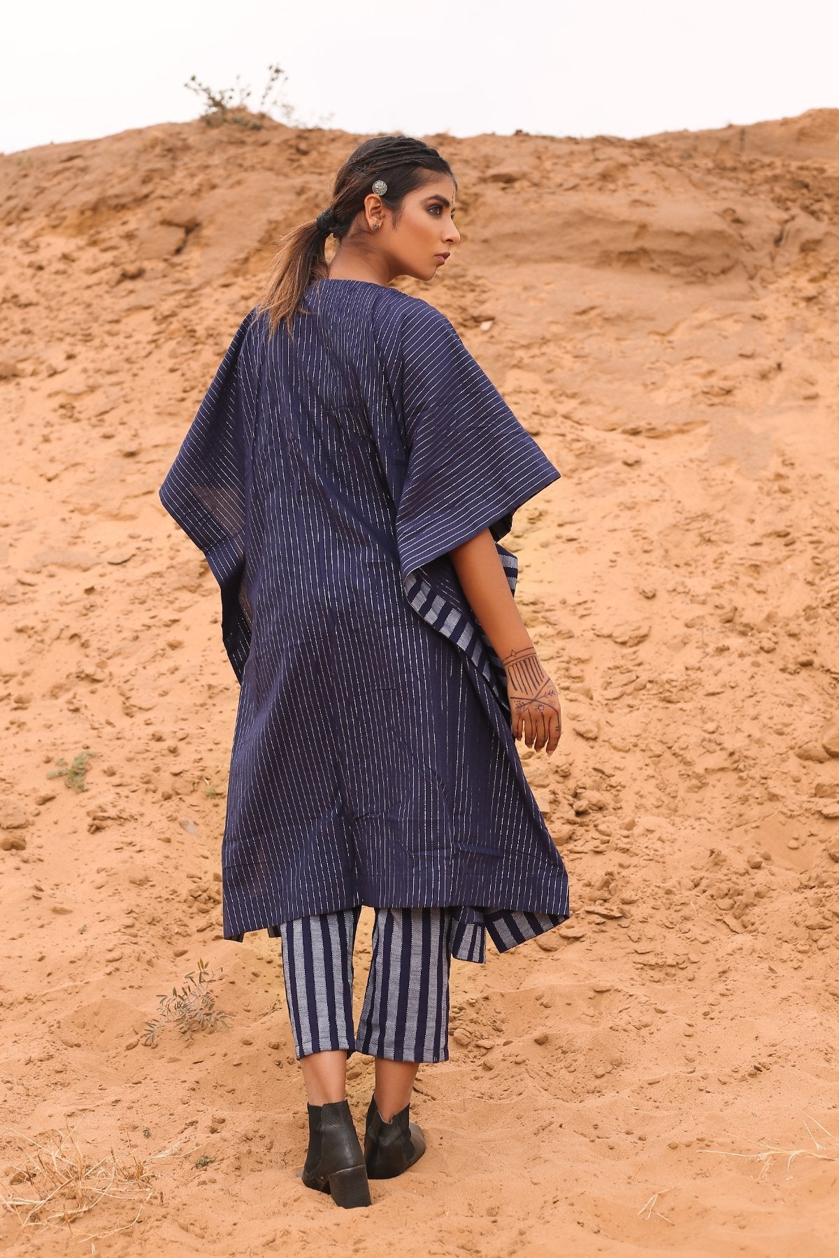 Kaftan With Deep Blue Striped Pants - Set Of Two at Kamakhyaa by Keva. This item is Blue, Co-ord Sets, Cotton, Cotton Lurex, Desert Rose, Natural, Relaxed Fit, Resort Wear, Stripes, Travel, Travel Co-ords, Womenswear