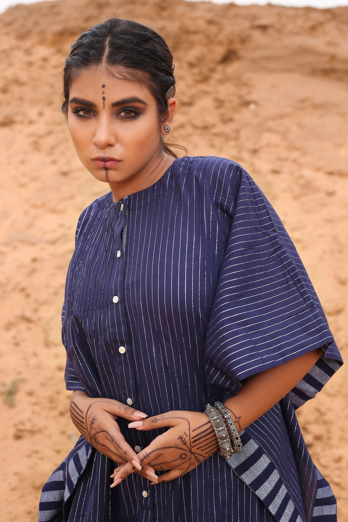 Kaftan With Deep Blue Striped Pants - Set Of Two at Kamakhyaa by Keva. This item is Blue, Co-ord Sets, Cotton, Cotton Lurex, Desert Rose, Natural, Relaxed Fit, Resort Wear, Stripes, Travel, Travel Co-ords, Womenswear