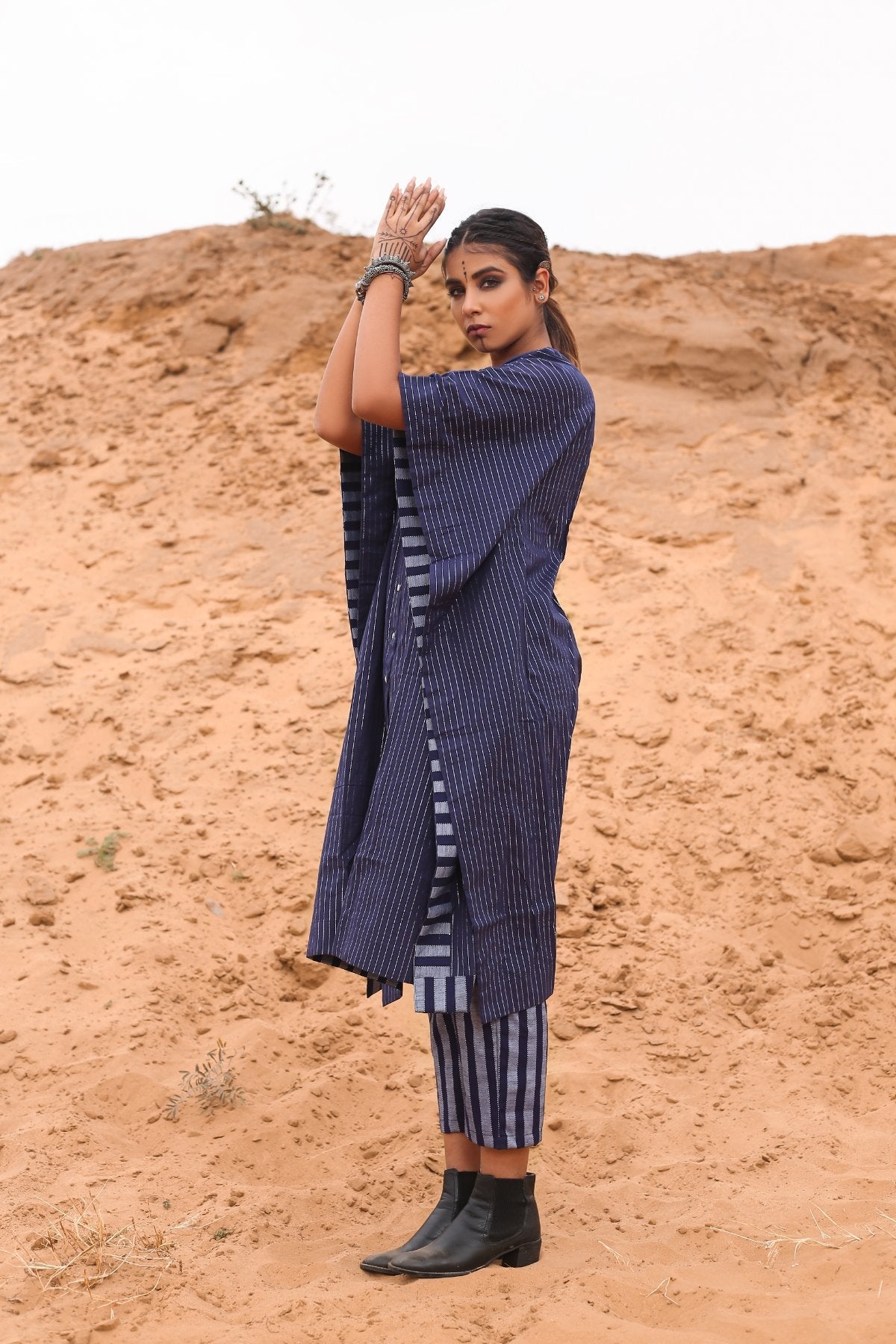 Kaftan With Deep Blue Striped Pants - Set Of Two at Kamakhyaa by Keva. This item is Blue, Co-ord Sets, Cotton, Cotton Lurex, Desert Rose, Natural, Relaxed Fit, Resort Wear, Stripes, Travel, Travel Co-ords, Womenswear