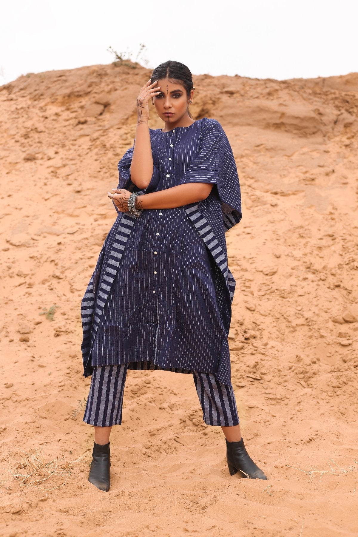 Kaftan With Deep Blue Striped Pants - Set Of Two at Kamakhyaa by Keva. This item is Blue, Co-ord Sets, Cotton, Cotton Lurex, Desert Rose, Natural, Relaxed Fit, Resort Wear, Stripes, Travel, Travel Co-ords, Womenswear