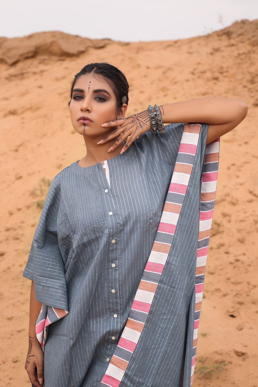 Kaftan With Multicolored Striped Pants - Set Of Two at Kamakhyaa by Keva. This item is Co-ord Sets, Cotton, Cotton Lurex, Desert Rose, Grey, Natural, Relaxed Fit, Resort Wear, Stripes, Travel, Travel Co-ords, Womenswear