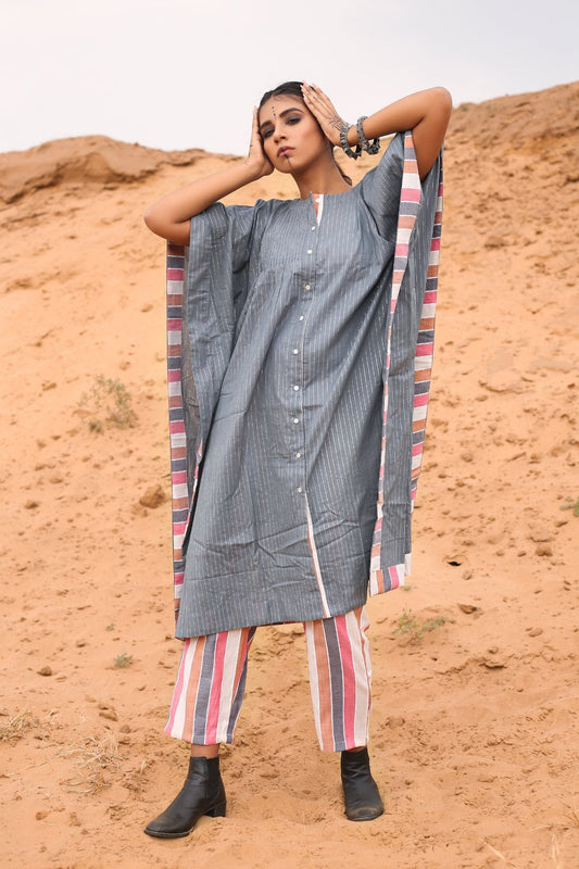 Kaftan With Multicolored Striped Pants - Set Of Two at Kamakhyaa by Keva. This item is Co-ord Sets, Cotton, Cotton Lurex, Desert Rose, Grey, Natural, Relaxed Fit, Resort Wear, Stripes, Travel, Travel Co-ords, Womenswear