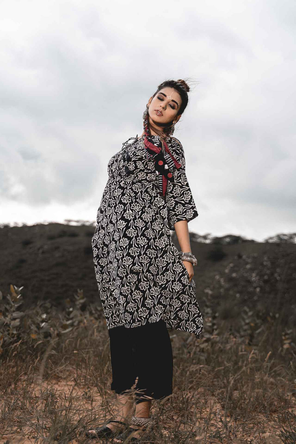 Kaftan With Pants Set Of 2 at Kamakhyaa by Keva. This item is Black, Block Prints, Co-ord Sets, Cotton, Natural, Relaxed Fit, Resort Wear, Travel, Travel Co-ords, Wild Child, Womenswear