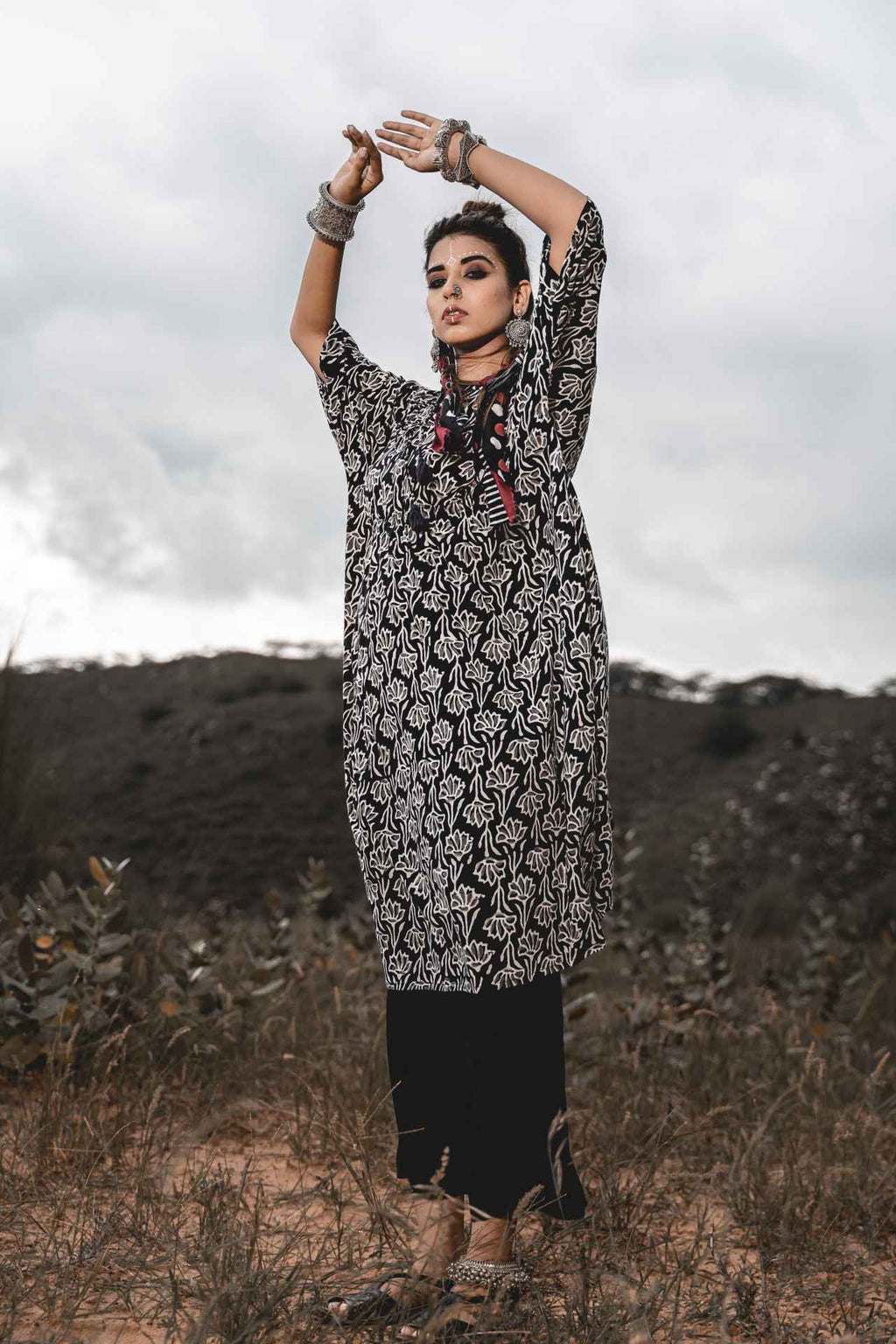 Kaftan With Pants Set Of 2 at Kamakhyaa by Keva. This item is Black, Block Prints, Co-ord Sets, Cotton, Natural, Relaxed Fit, Resort Wear, Travel, Travel Co-ords, Wild Child, Womenswear