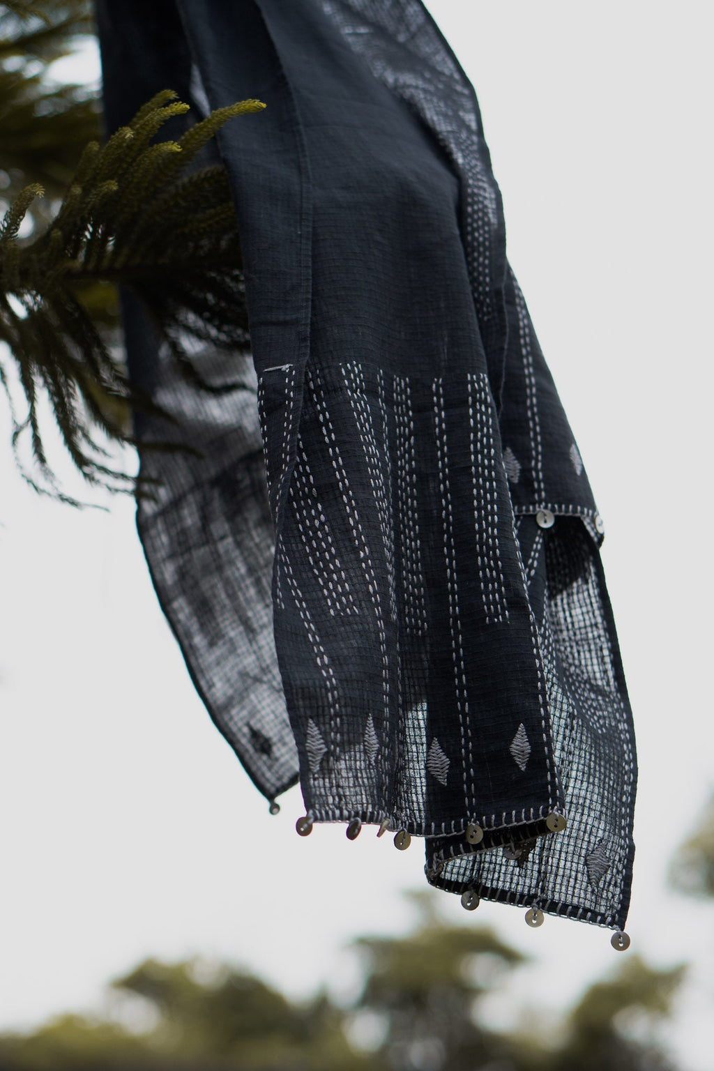 Kantha Scarf Black at Kamakhyaa by Lafaani. This item is 100% pure cotton, Accessories, Black, Casual Wear, Embroidered, Organic, Regular Fit, Scarves, Solids, Sonder, Undyed and Unbleached