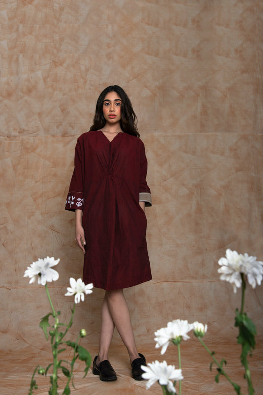 Knotted Midi Dress at Kamakhyaa by Anushé Pirani. This item is Handwoven Cotton, July Sale, July Sale 2023, Midi Dresses, Natural, Ocean of Stories, Office Wear, Red, Regular Fit, sale anushe pirani, Short Dresses, Solids, Womenswear