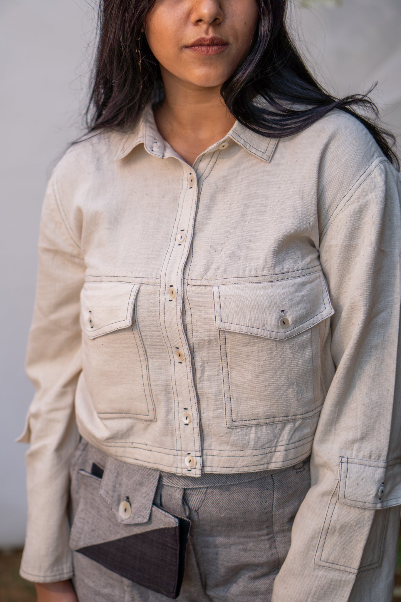 Kora Cropped Jacket at Kamakhyaa by Lafaani. This item is 100% pure cotton, Casual Wear, Jackets, Kora, Organic, Regular Fit, Solids, Sonder, Undyed and unbleached, Womenswear