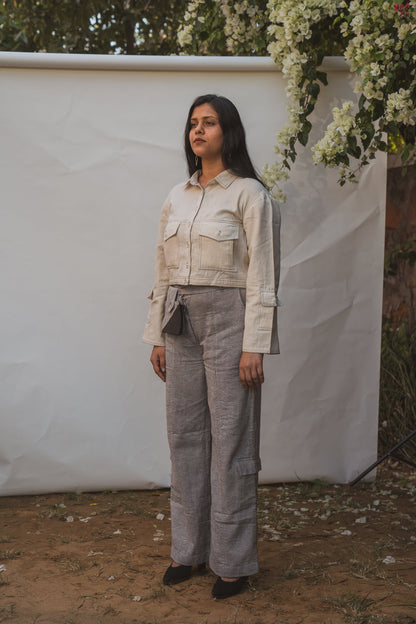 Kora Cropped Jacket at Kamakhyaa by Lafaani. This item is 100% pure cotton, Casual Wear, Jackets, Kora, Organic, Regular Fit, Solids, Sonder, Undyed and unbleached, Womenswear