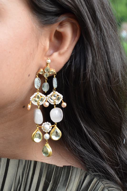 Kumudini Earrings at Kamakhyaa by House Of Heer. This item is Alloy Metal, Brass, Earrings, Festive Jewellery, Festive Wear, Free Size, Gold, Handcrafted Jewellery, jewelry, July Sale, July Sale 2023, Long Earrings, Natural, Polkis, Textured, Vaaruni Gold, White