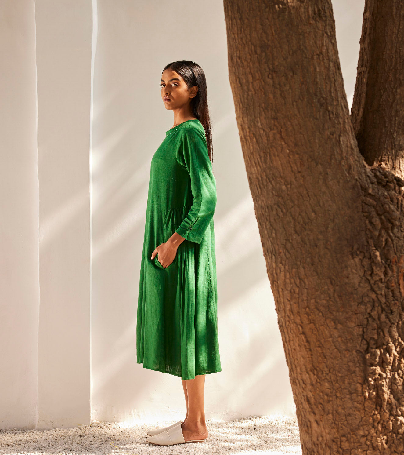 Late Spring Midi Dress at Kamakhyaa by Khara Kapas. This item is Casual Wear, Green, Linen, Midi Dresses, Oh! Sussana Spring 2023, Organic, Regular Fit, Solids, Womenswear