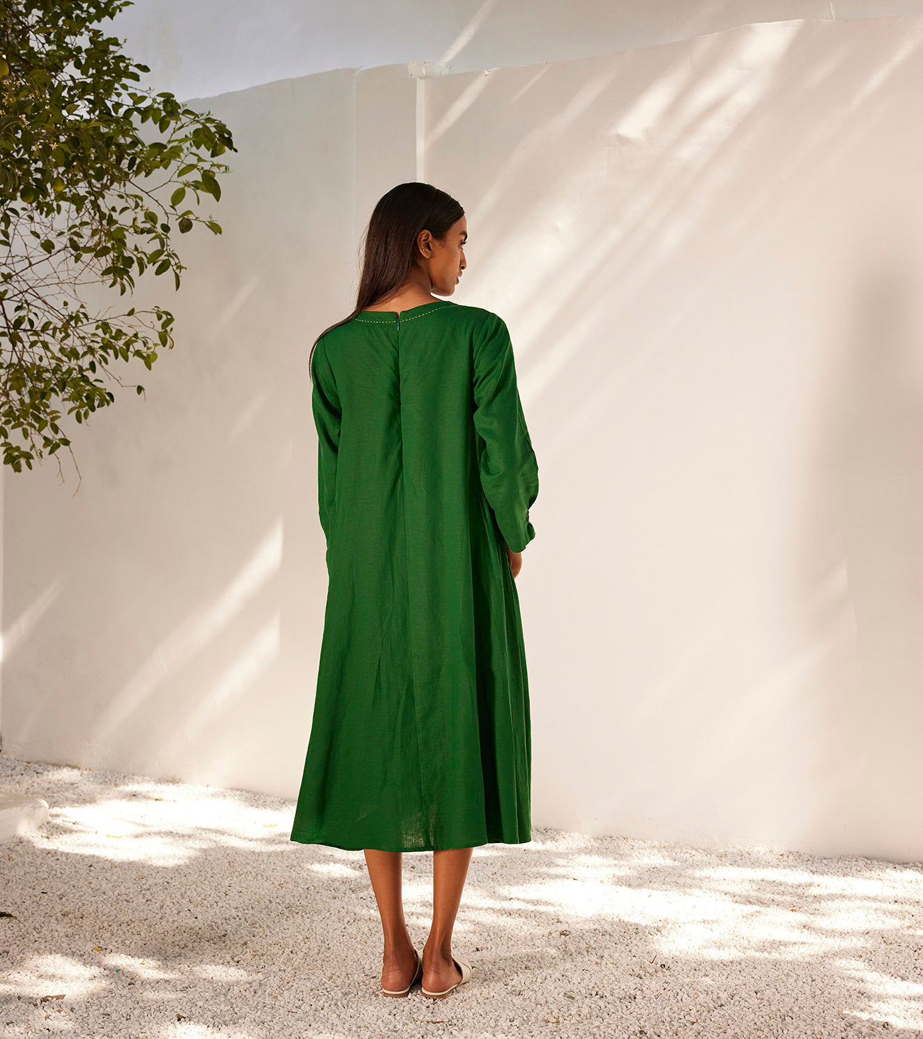 Late Spring Midi Dress at Kamakhyaa by Khara Kapas. This item is Casual Wear, Green, Linen, Midi Dresses, Oh! Sussana Spring 2023, Organic, Regular Fit, Solids, Womenswear