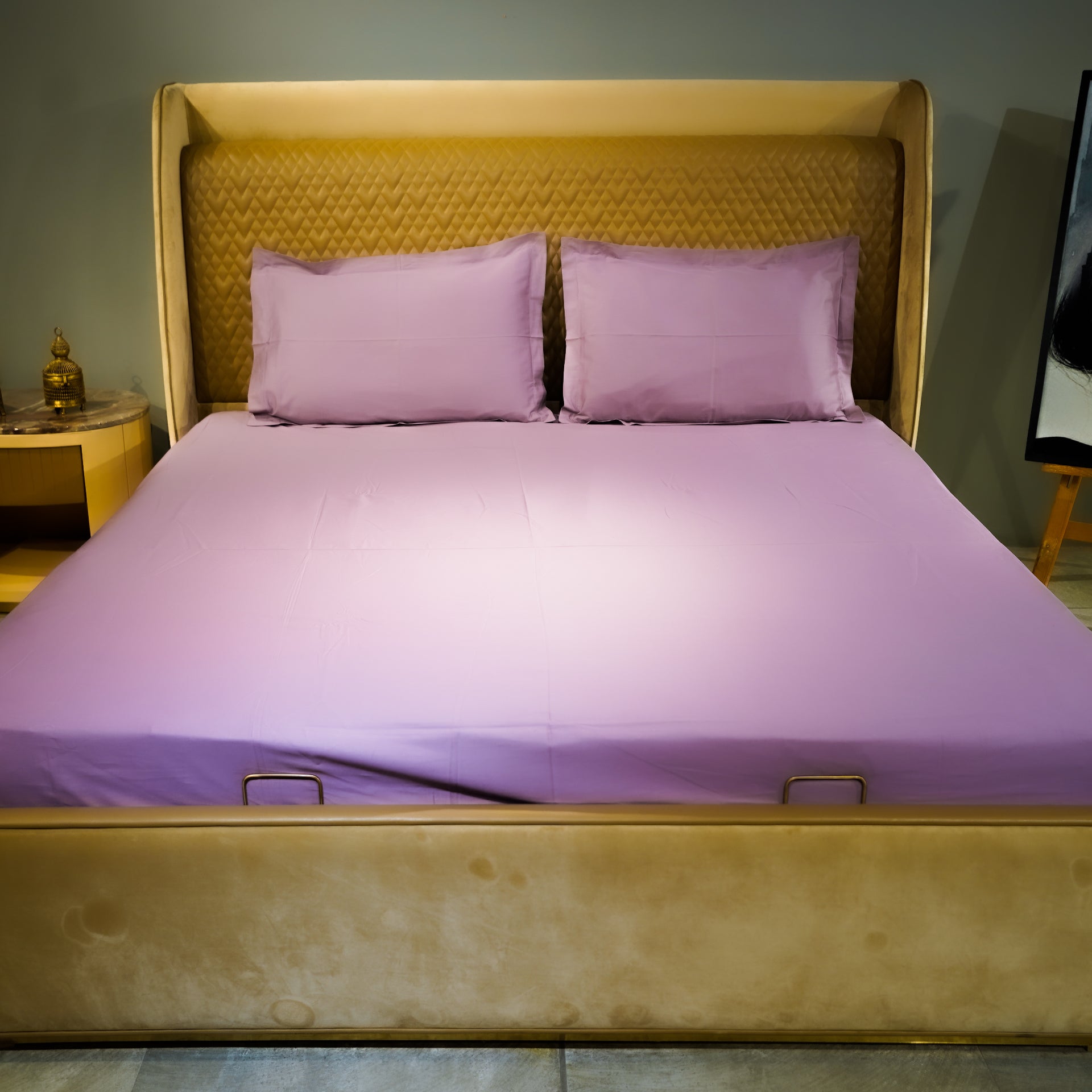 Lavender Luxury Bedsheet with 2 Pillow Covers at Kamakhyaa by Aetherea. This item is 100% Cotton, 300 TC, 500 TC, Bedsheets, Home, King, Lavender, Plain, Plain Bedsheets, Purple, Queen, Solid