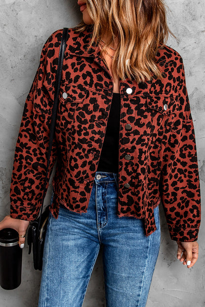 Leopard Print Raw Hem Jacket at Kamakhyaa by Trendsi. This item is Casual Wear, Cotton, Jackets, Natural, Prints, Regular Fit, Ship From Overseas, Spandex, Trendsi, Womenswear
