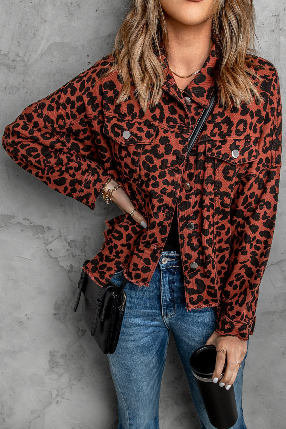 Leopard Print Raw Hem Jacket at Kamakhyaa by Trendsi. This item is Casual Wear, Cotton, Jackets, Natural, Prints, Regular Fit, Ship From Overseas, Spandex, Trendsi, Womenswear