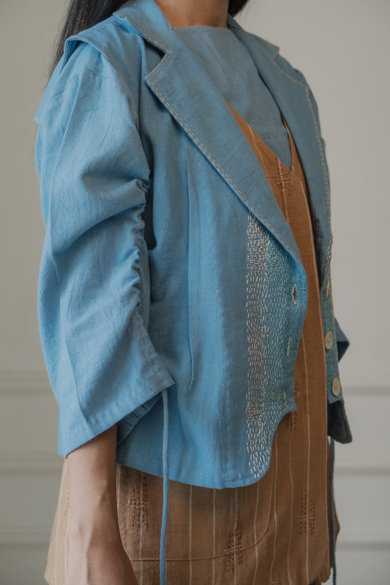 Light Blue Sleeveless Cropped Jacket at Kamakhyaa by Lafaani. This item is 100% pure cotton, Casual Wear, Jackets, Light Blue, Materiality, Natural with azo free dyes, Organic, Regular Fit, Solids, Womenswear