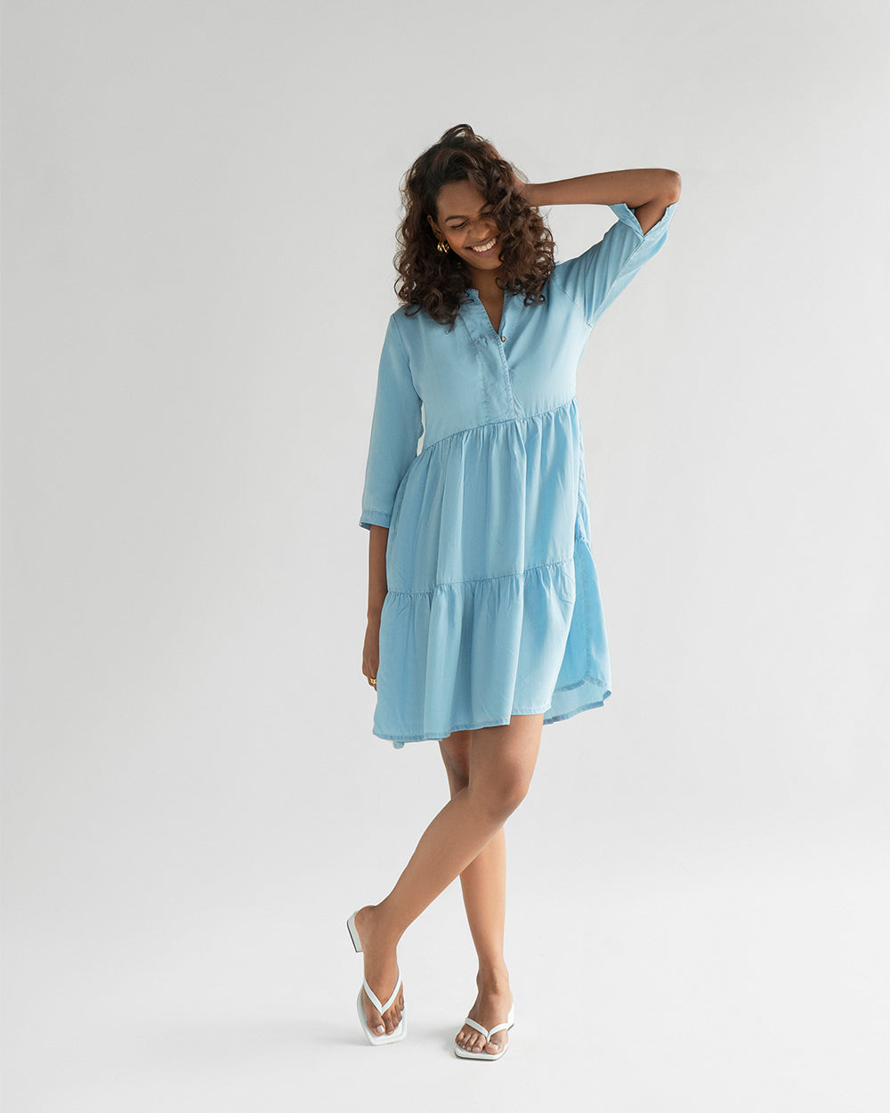 Light Blue Tiered Dress at Kamakhyaa by Reistor. This item is Blue, Casual Wear, Denim, FB ADS JUNE, Mini Dresses, Natural, Solids, Tencel, Tiered Dresses, Womenswear