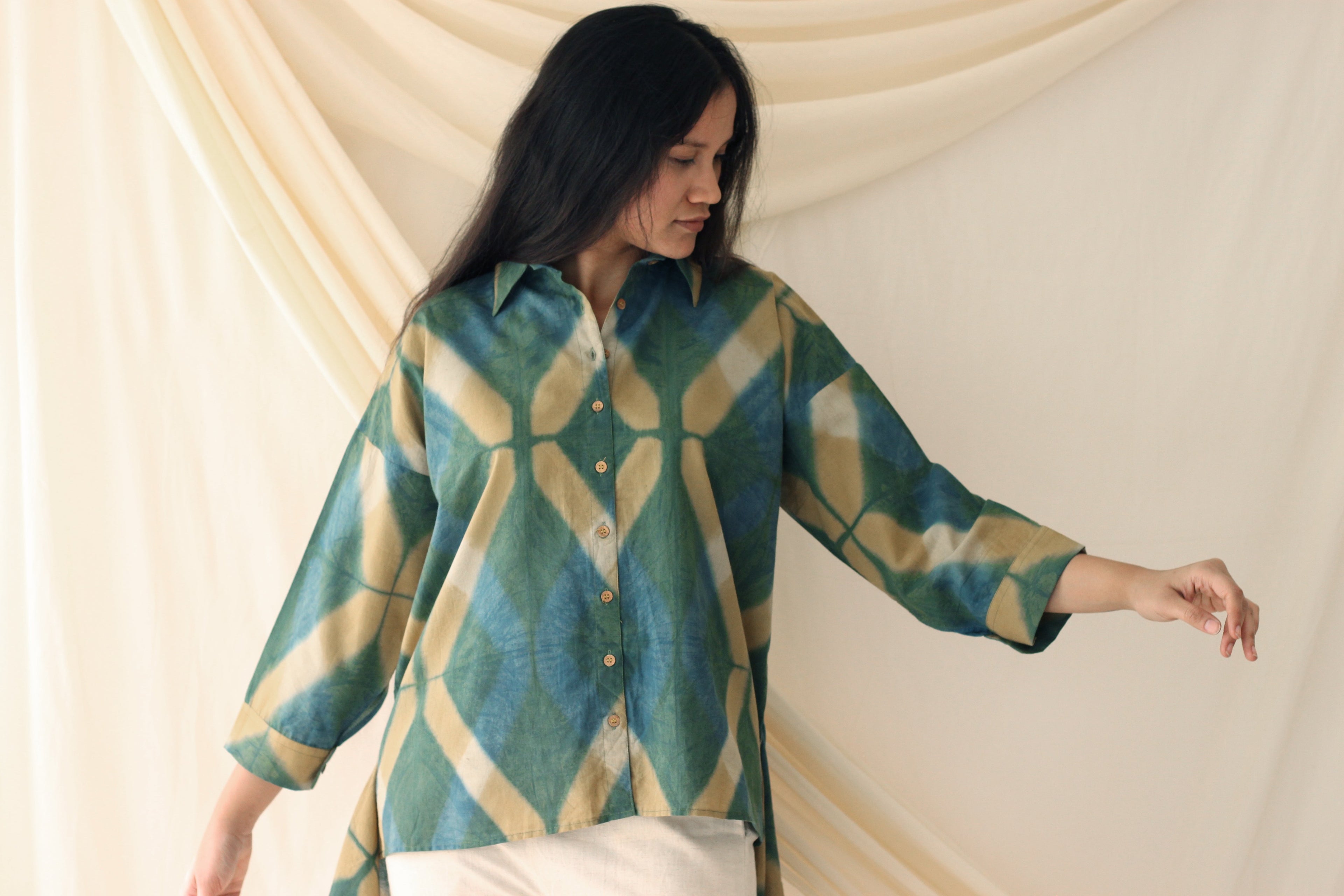 Light Green Ombre Dye Shirt at Kamakhyaa by Chambray & Co.. This item is Casual Wear, Green, Hand Spun Cotton, Natural, Ombre & Dyes, Regular Fit, Shirts, Tops, Womenswear