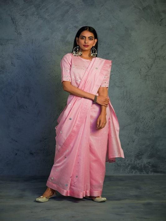 Light Pink Chanderi Saree Set Of 2 at Kamakhyaa by Charkhee. This item is Chanderi, Cotton, Embellished, Ethnic Wear, For Mother, Indian Wear, Mirror Work, Natural, Pink, Relaxed Fit, Saree Sets, Tyohaar, Womenswear