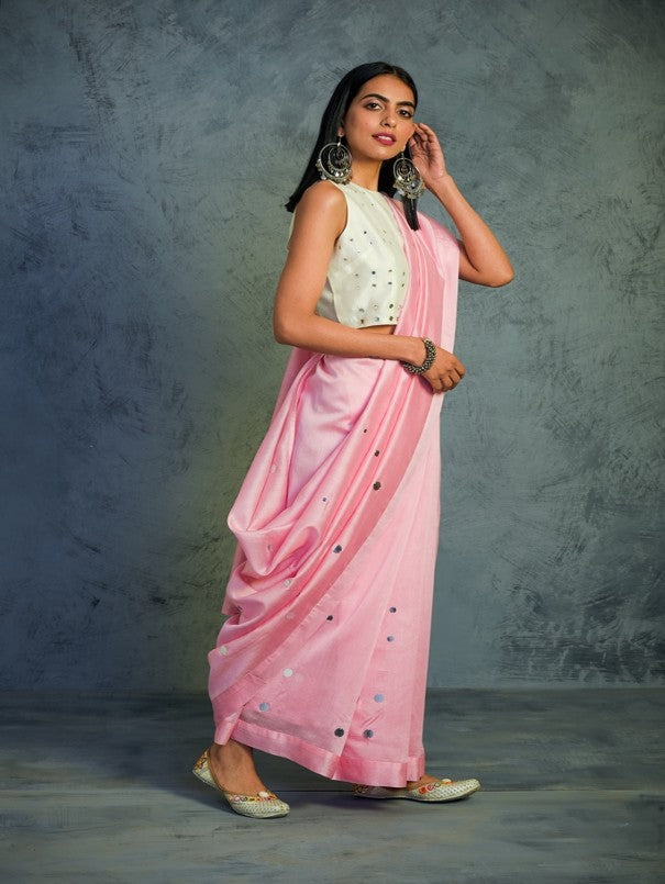 Light Pink Chanderi Saree- Set Of 2 at Kamakhyaa by Charkhee. This item is Chanderi, Cotton, Embellished, Ethnic Wear, Indian Wear, Mirror Work, Natural, Pink, Relaxed Fit, Saree Sets, Tyohaar, Womenswear