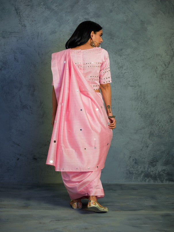 Light Pink Chanderi Saree Set Of 2 at Kamakhyaa by Charkhee. This item is Chanderi, Cotton, Embellished, Ethnic Wear, For Mother, Indian Wear, Mirror Work, Natural, Pink, Relaxed Fit, Saree Sets, Tyohaar, Womenswear
