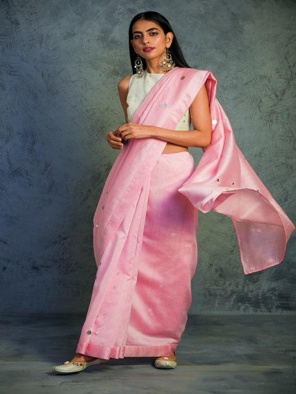 Light Pink Chanderi Saree- Set Of 2 at Kamakhyaa by Charkhee. This item is Chanderi, Cotton, Embellished, Ethnic Wear, Indian Wear, Mirror Work, Natural, Pink, Relaxed Fit, Saree Sets, Tyohaar, Womenswear
