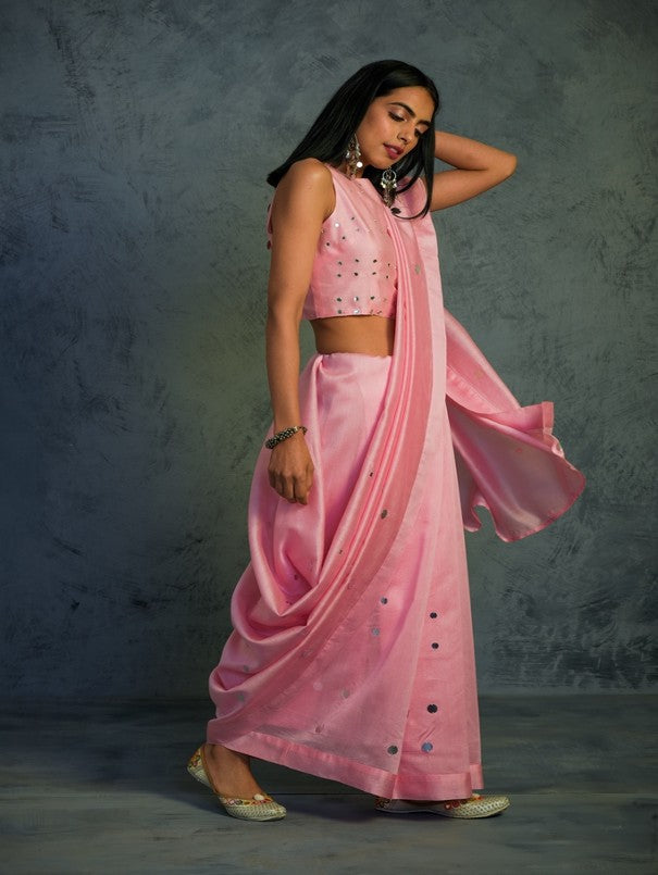 Light Pink Chanderi Saree With Blouse at Kamakhyaa by Charkhee. This item is Chanderi, Cotton, Embellished, Ethnic Wear, Indian Wear, Mirror Work, Natural, Pink, Relaxed Fit, Saree Sets, Tyohaar, Womenswear