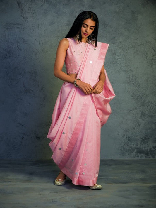 Light Pink Chanderi Saree With Blouse at Kamakhyaa by Charkhee. This item is Chanderi, Cotton, Embellished, Ethnic Wear, Indian Wear, Mirror Work, Natural, Pink, Relaxed Fit, Saree Sets, Tyohaar, Womenswear