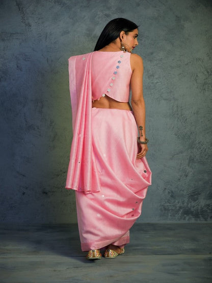 Light Pink Chanderi Saree With Blouse at Kamakhyaa by Charkhee. This item is Chanderi, Cotton, Embellished, Ethnic Wear, Indian Wear, Mirror Work, Natural, Pink, Relaxed Fit, Saree Sets, Tyohaar, Womenswear