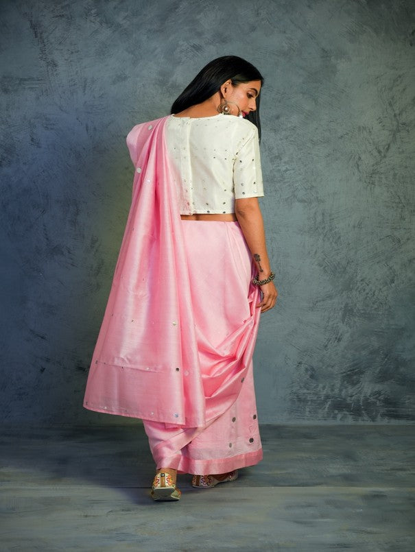 Light Pink Chanderi Saree With White Blouse at Kamakhyaa by Charkhee. This item is Chanderi, Cotton, Embellished, Ethnic Wear, Indian Wear, Mirror Work, Natural, Pink, Relaxed Fit, Saree Sets, Tyohaar, Womenswear