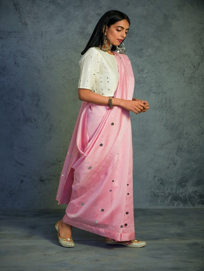 Light Pink Chanderi Saree With White Blouse at Kamakhyaa by Charkhee. This item is Chanderi, Cotton, Embellished, Ethnic Wear, Indian Wear, Mirror Work, Natural, Pink, Relaxed Fit, Saree Sets, Tyohaar, Womenswear