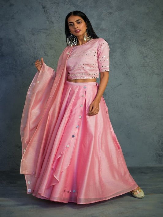 Light Pink Crop Top Wrap Lehenga Set Of 3 at Kamakhyaa by Charkhee. This item is Chanderi, Cotton, Embellished, Ethnic Wear, Indian Wear, Lehenga Sets, Mirror Work, Natural, Pink, Relaxed Fit, Tyohaar, Wedding Gifts, Womenswear