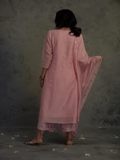 Light Pink Gathered Kurta Set at Kamakhyaa by Charkhee. This item is Chanderi, Cotton, Embellished, Ethnic Wear, Indian Wear, Kurta Palazzo Sets, Kurta Set With Dupatta, Mirror Work, Natural, Pink, Relaxed Fit, Tyohaar, Womenswear