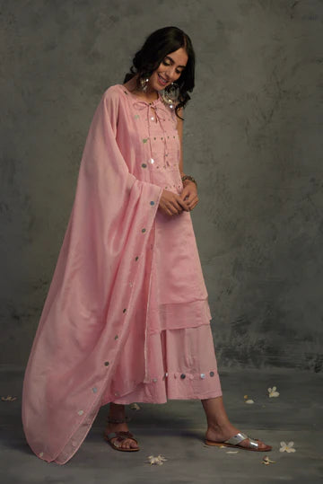 Light Pink Sleeveless Kurta at Kamakhyaa by Charkhee. This item is Chanderi, Cotton, Embellished, Ethnic Wear, Indian Wear, Kurta Palazzo Sets, Kurta Set With Dupatta, Mirror Work, Natural, Pink, Relaxed Fit, Tyohaar, Womenswear