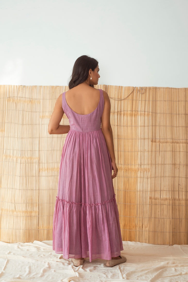 Lilies & Lavender Dress at Kamakhyaa by Taro. This item is Best Selling, Cotton, Embroidered, Evening Wear, FB ADS JUNE, July Sale, July Sale 2023, Maxi Dresses, Midi Dresses, Mulmul, Natural, Regular Fit, Rozana Taro, Sleeveless Dresses, Solid Selfmade, Womenswear