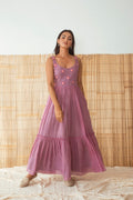 Lilies & Lavender Dress at Kamakhyaa by Taro. This item is Best Selling, Cotton, Embroidered, Evening Wear, FB ADS JUNE, July Sale, July Sale 2023, Maxi Dresses, Midi Dresses, Mulmul, Natural, Regular Fit, Rozana Taro, Sleeveless Dresses, Solid Selfmade, Womenswear