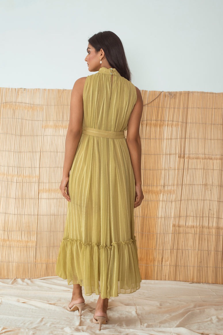 Lime Green Dress at Kamakhyaa by Taro. This item is Best Selling, Cotton, Evening Wear, FB ADS JUNE, Green, Halter Neck Dresses, Handloom Blend, Indo-Western, July Sale, July Sale 2023, Midi Dresses, Natural, Relaxed Fit, Rozana Taro, Solid Selfmade, Textured, Womenswear